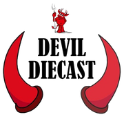 Devil Diecast-Logo mit roten Hörnern und Teufel an der Spitze