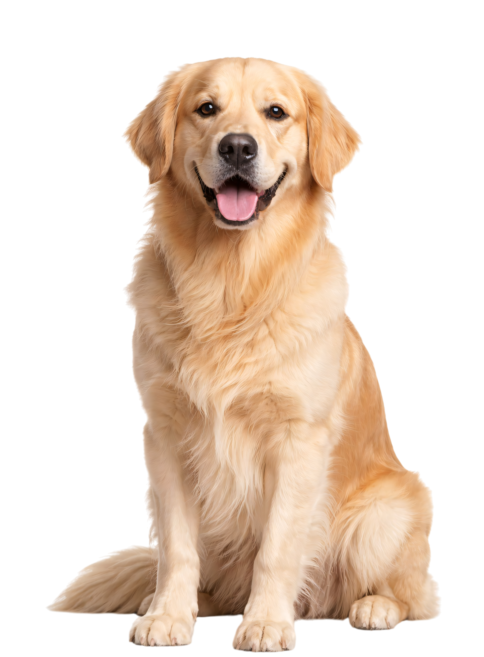 Golden retriever assis et souriant sur fond blanc.