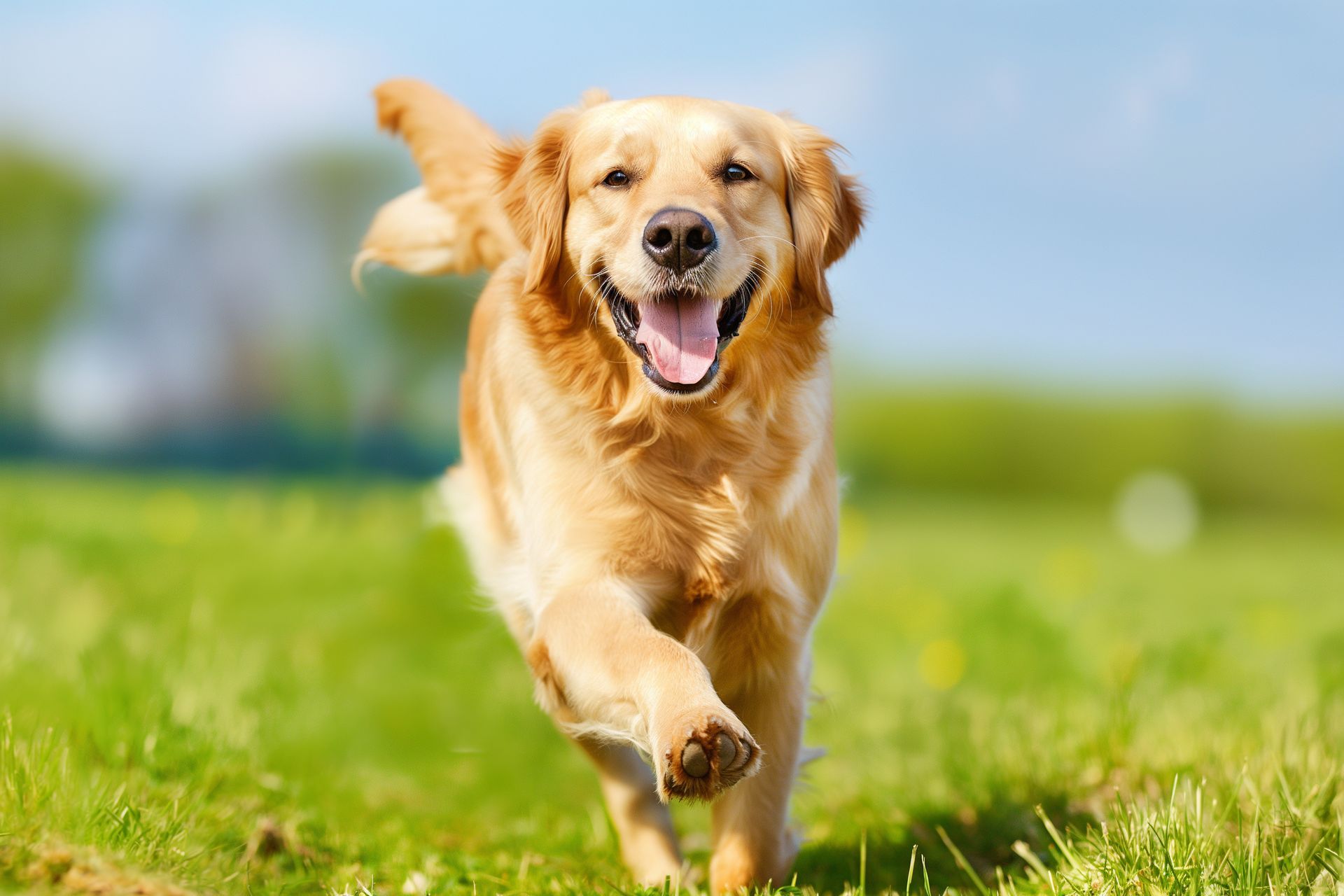 Un golden retriever court joyeusement vers la caméra à travers un champ herbeux sous un ciel bleu.