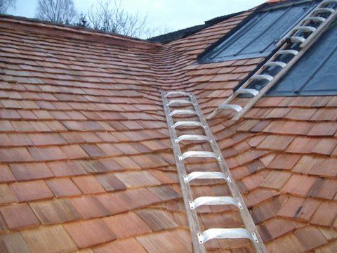 Zwei Leitern stehen auf einem mit Holzschindeln gedeckten Dach und führen zu einer Eckrinne in der Nähe eines Oberlichts.