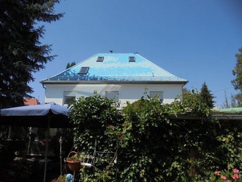 Ein Haus mit hellblauem Dach, ausgestattet mit Solarpaneelen und Oberlichtern, umgeben von Bäumen und einem Garten im hellen Tageslicht.