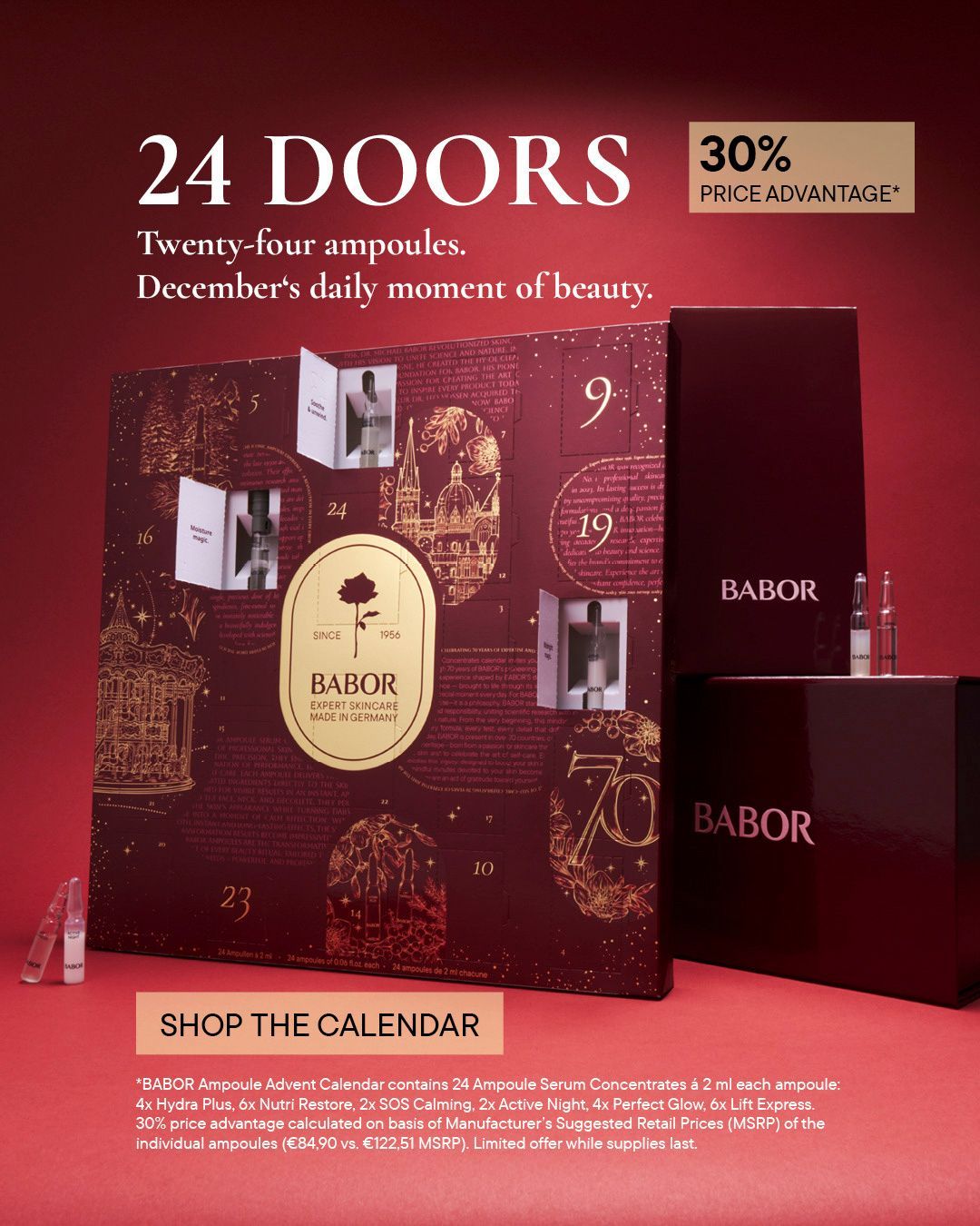 Babor Adventskalender-Geschenkset mit 24 Türen in bordeauxroter und goldener Verpackung mit Hautpflegefläschchen.
