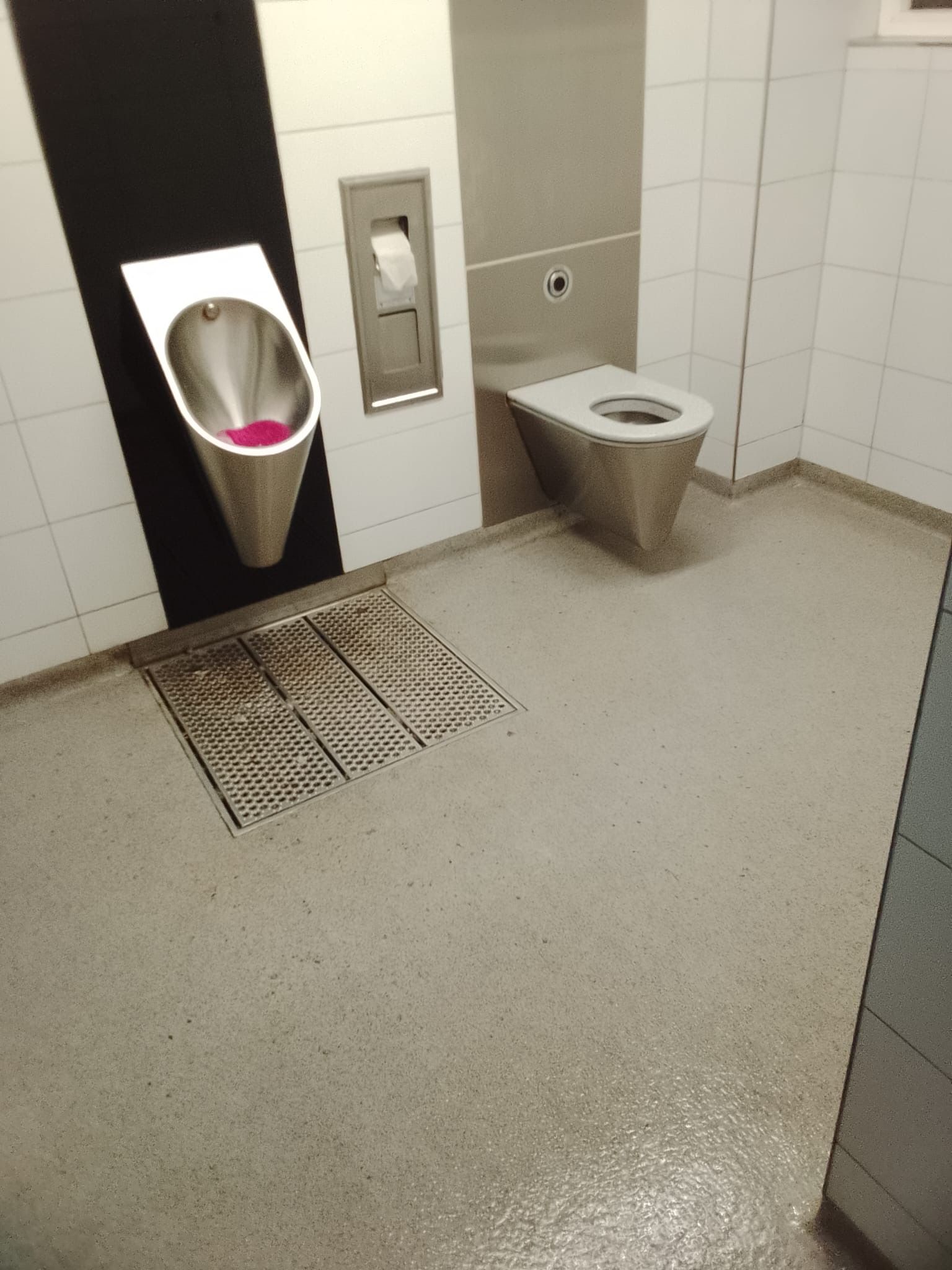 Innenansicht einer Toilette mit Edelstahl-WC und Urinal sowie Bodenablauf.