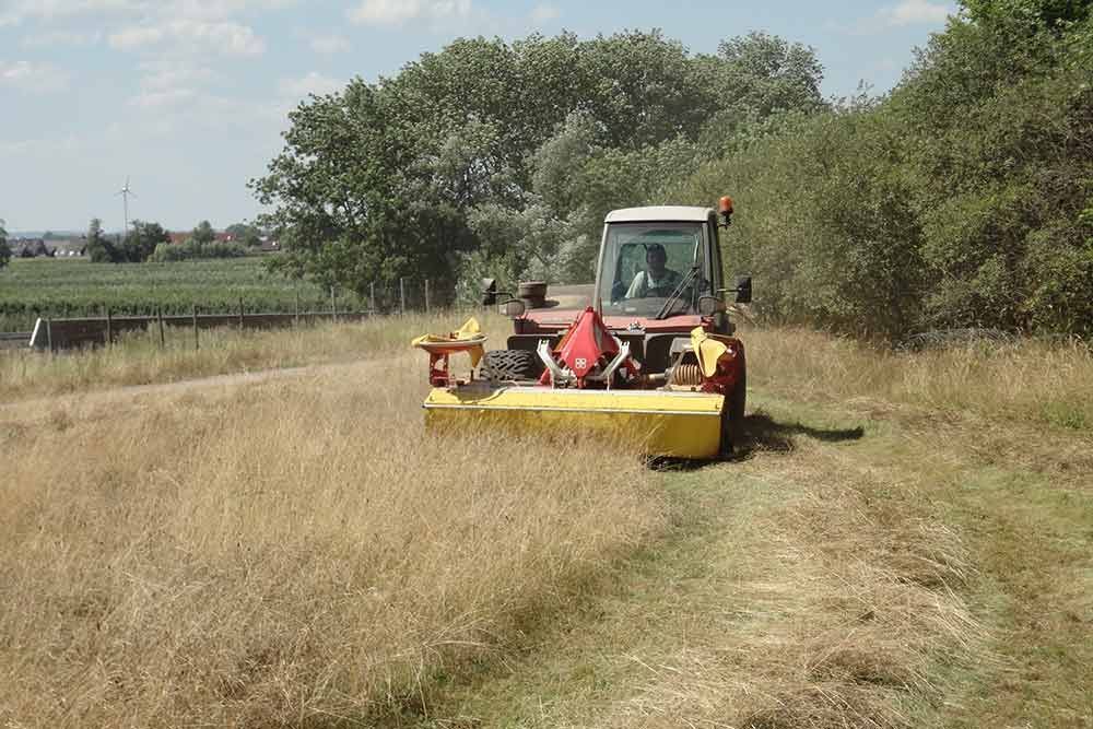 Ein Traktor mäht Gras auf einem Feld.