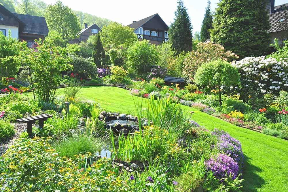 ein üppig grüner Garten mit vielen Blumen und Bäumen