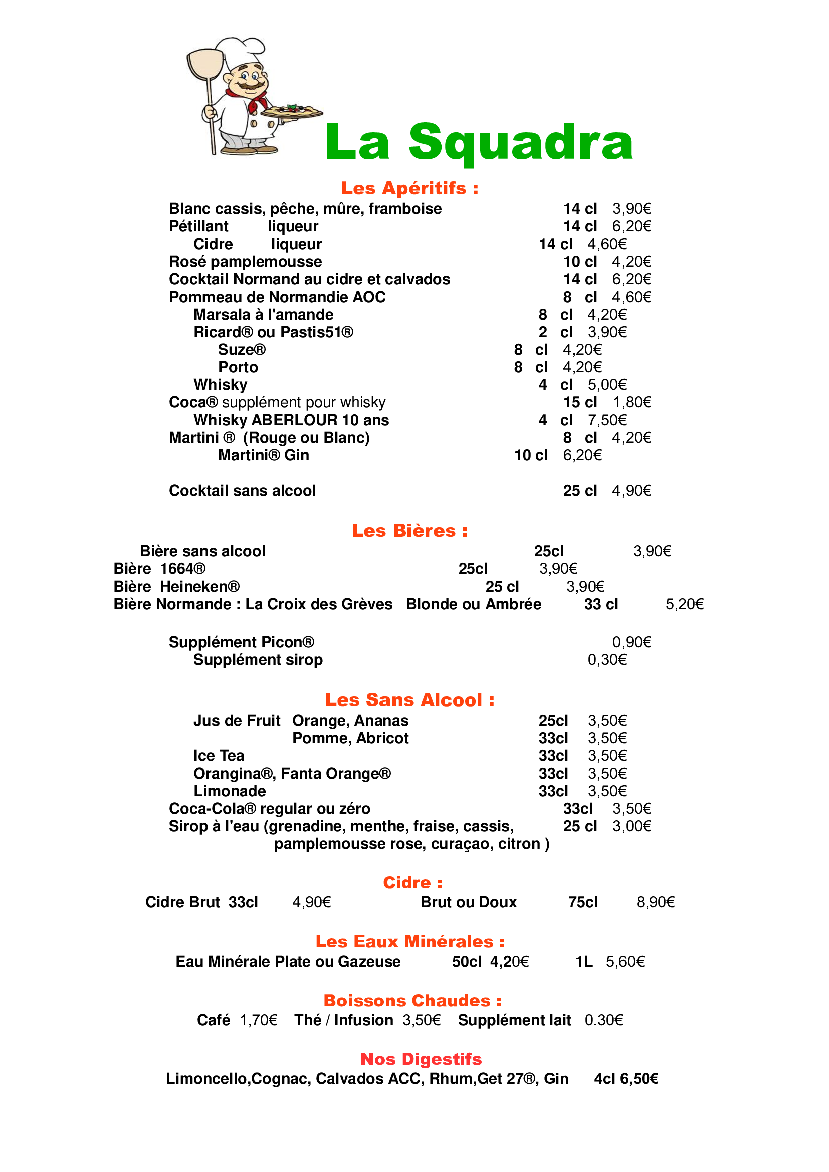 Carte des boissons illustrée par un dessin de chef, listant les options alcoolisées et non alcoolisées ainsi que leurs prix.