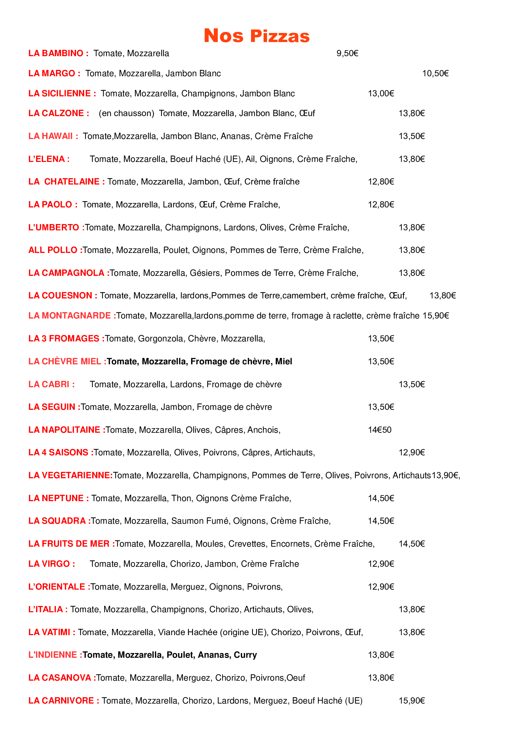 Carte des boissons, vins et digestifs avec leurs prix.