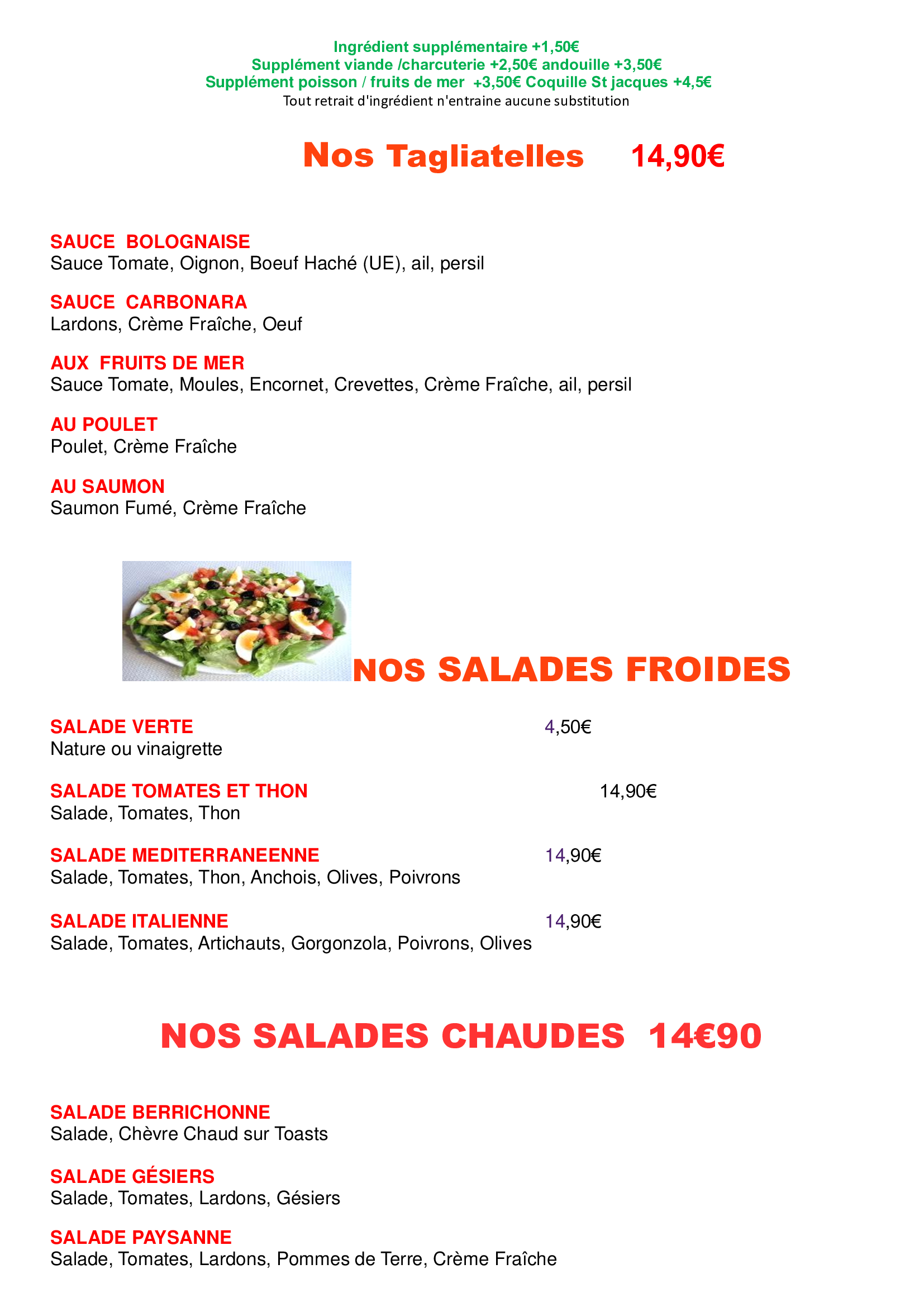 Carte des pizzas, avec tomates, mozzarella et diverses garnitures, et leurs prix.