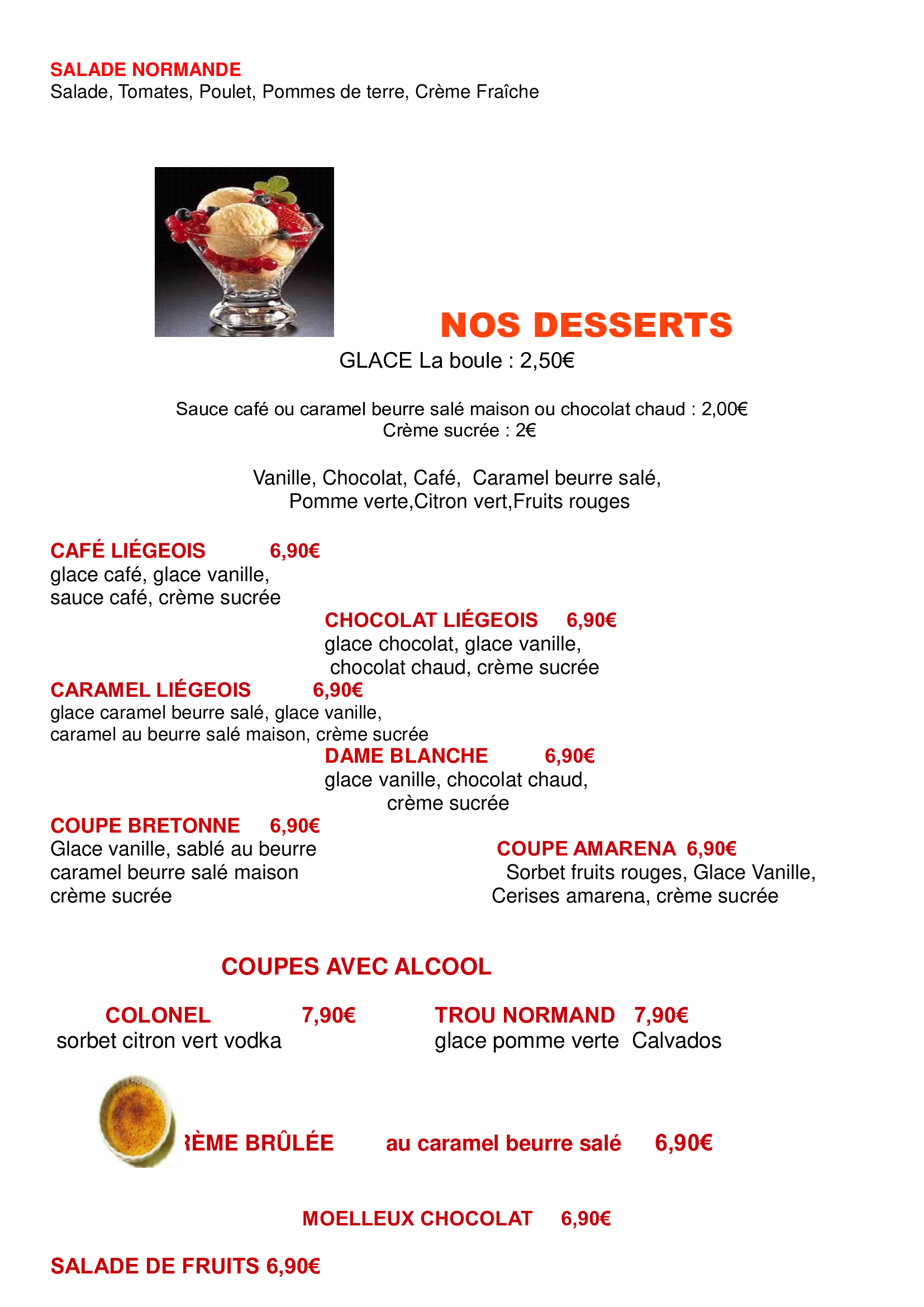 Menu proposant des plats de pâtes et des salades froides et chaudes.