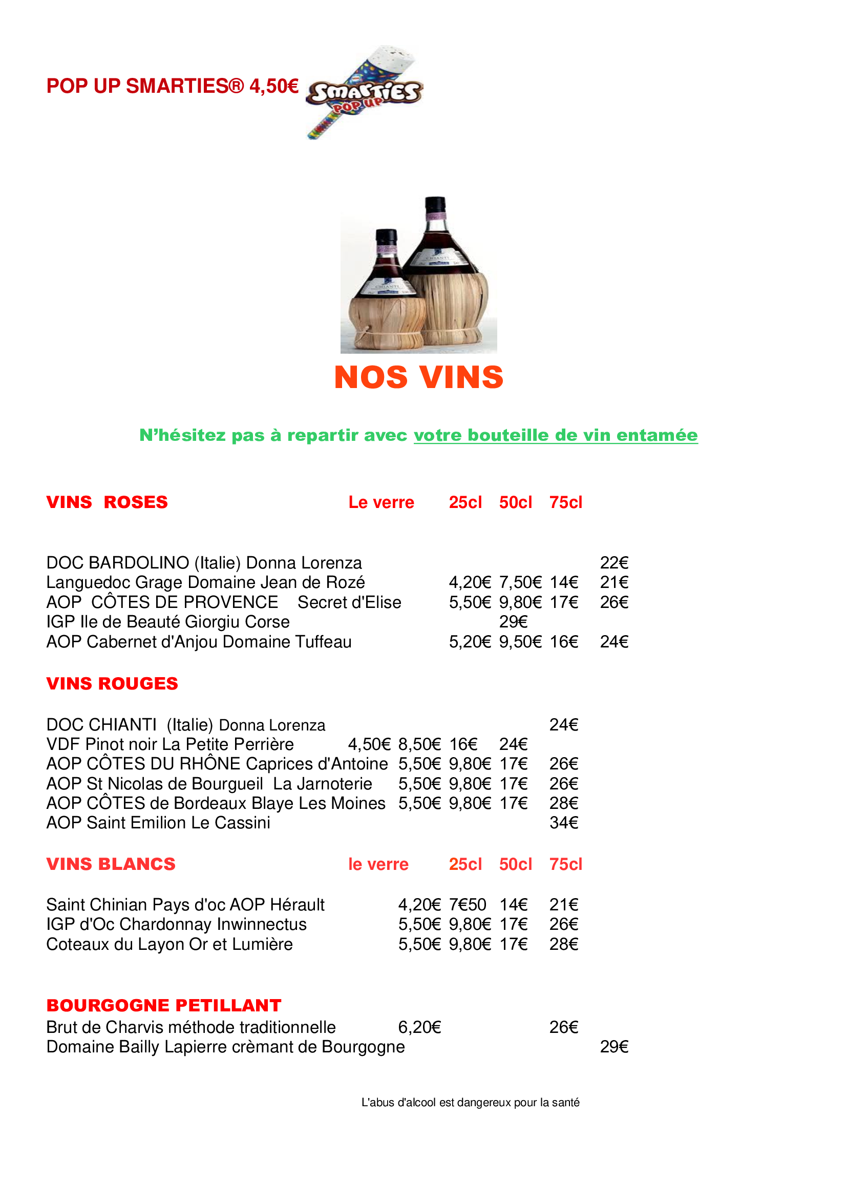 Carte des desserts glacés en français.