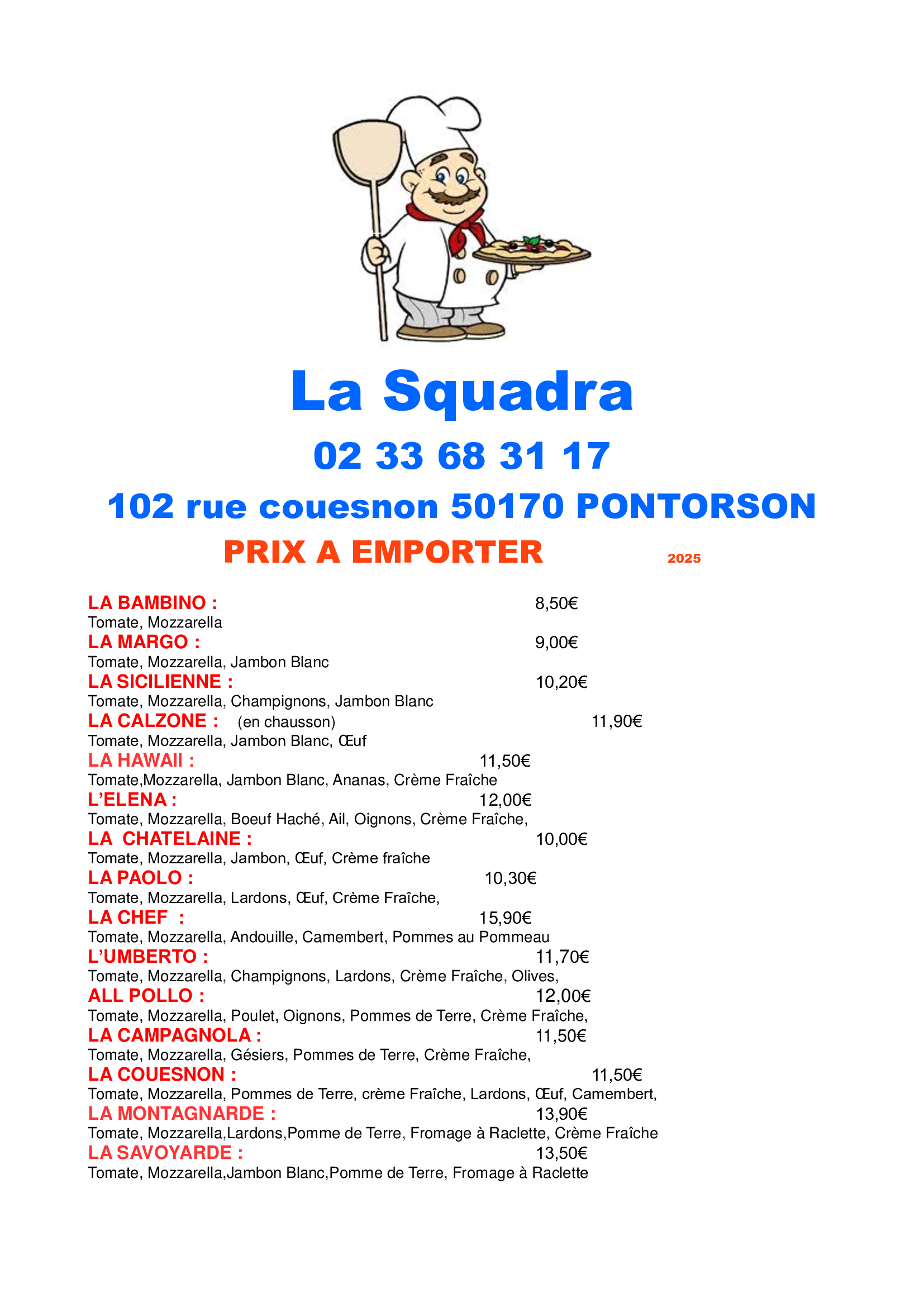 Carte des boissons illustrée par un dessin de chef, listant les options alcoolisées et non alcoolisées ainsi que leurs prix.