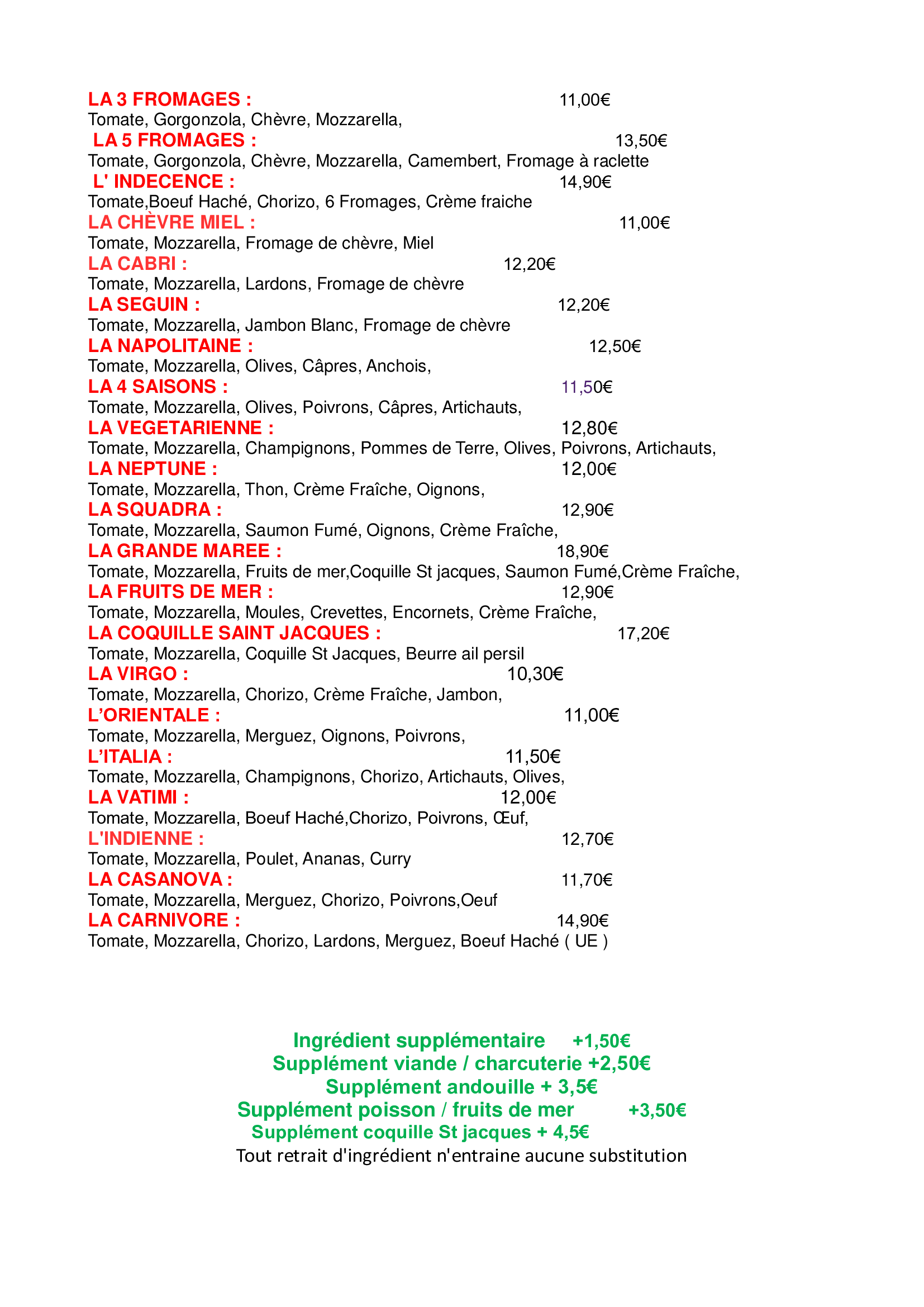 Carte des boissons, vins et digestifs avec leurs prix.