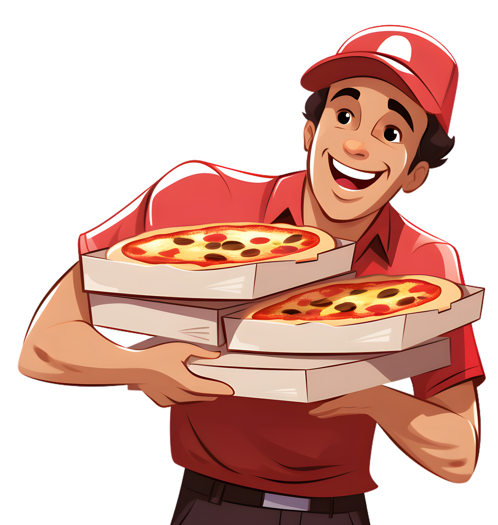 Livreur de pizzas tenant deux boîtes à pizza, souriant.