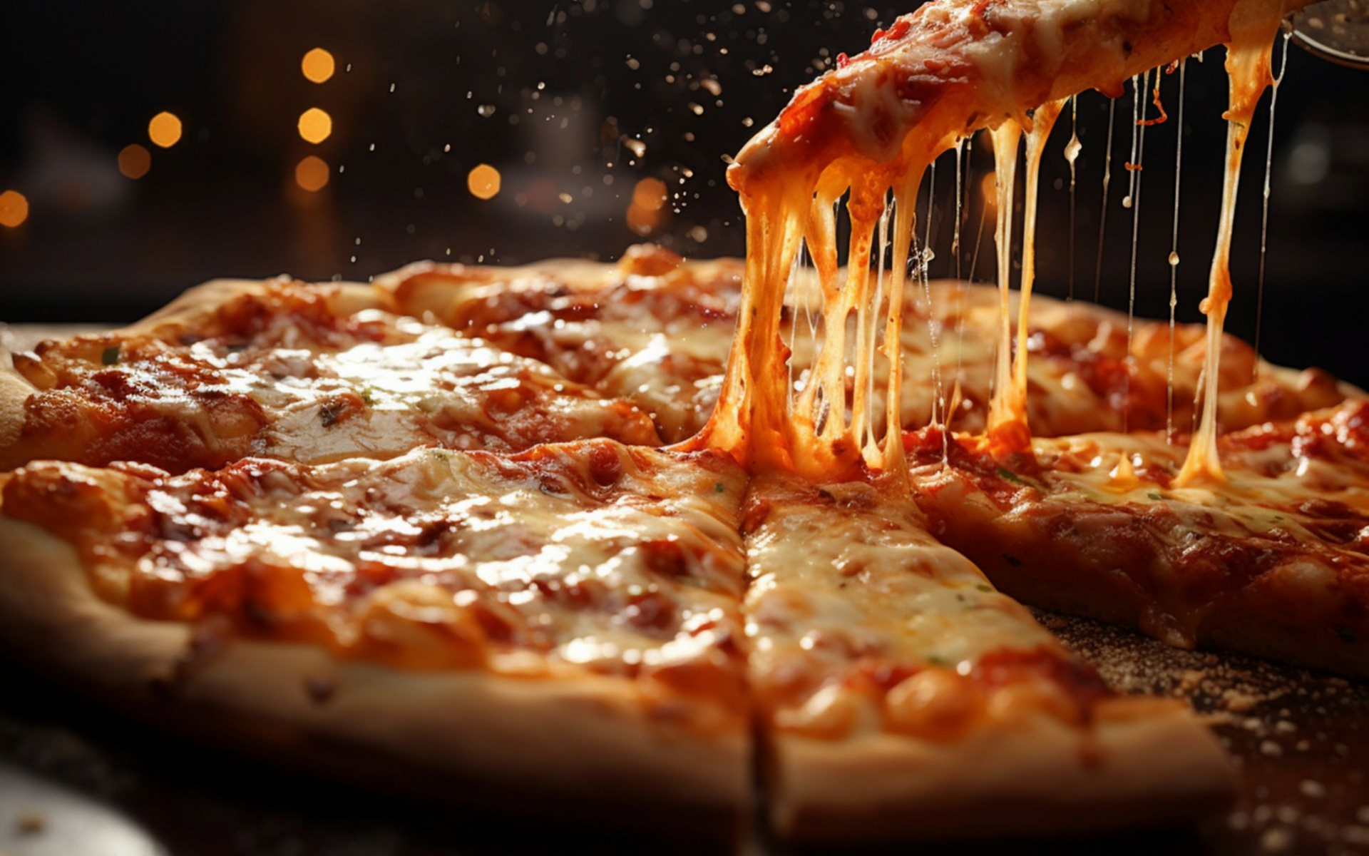 Gros plan sur une pizza au fromage fondu que l'on soulève ; croûte dorée, tranchée, arrière-plan flou.