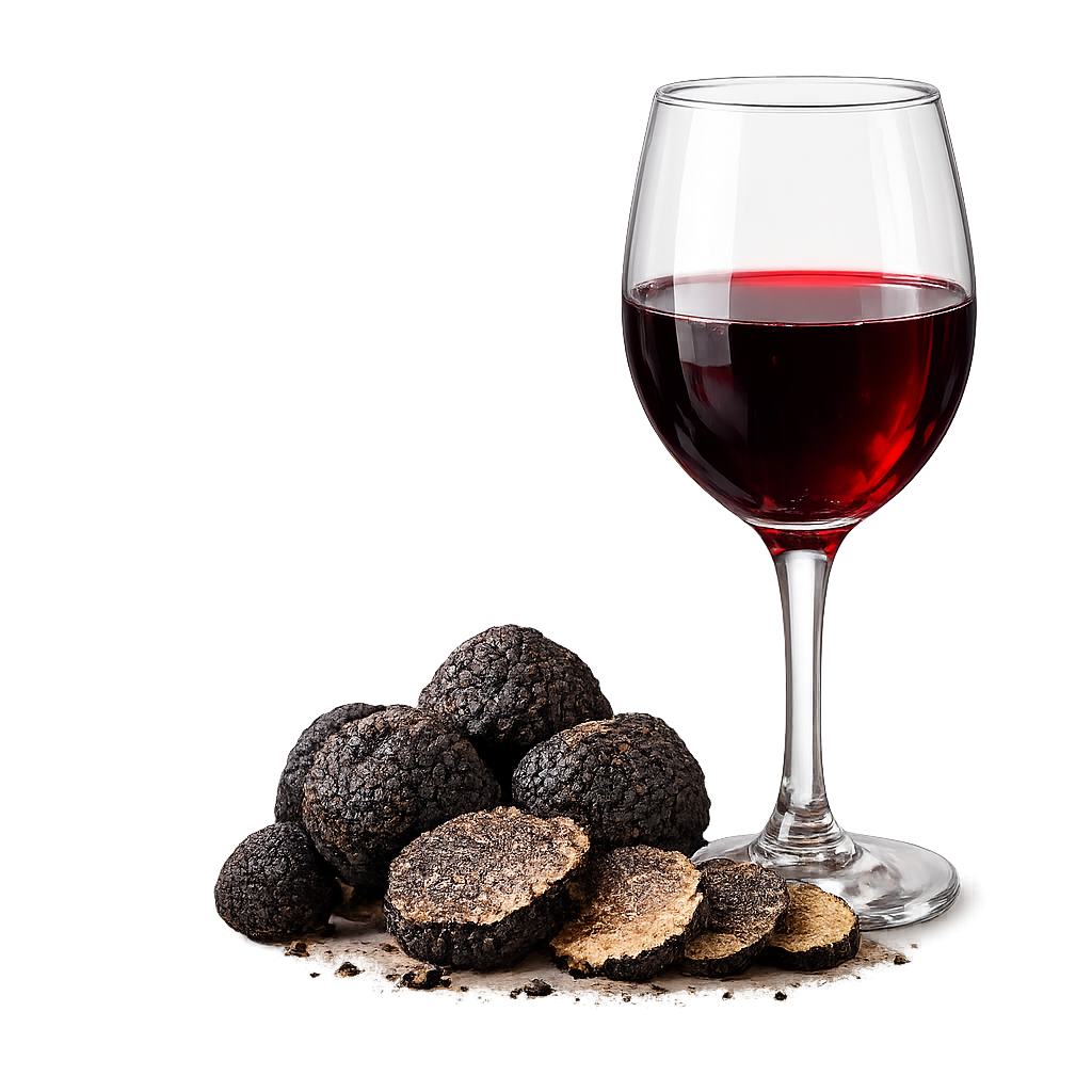 Un verre de vin rouge à côté d'une grappe de truffes noires, certaines entières et d'autres tranchées, sur fond blanc.
