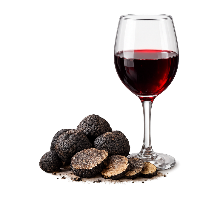 Un verre de vin rouge à côté d'une grappe de truffes noires, certaines entières et d'autres tranchées, sur fond blanc.