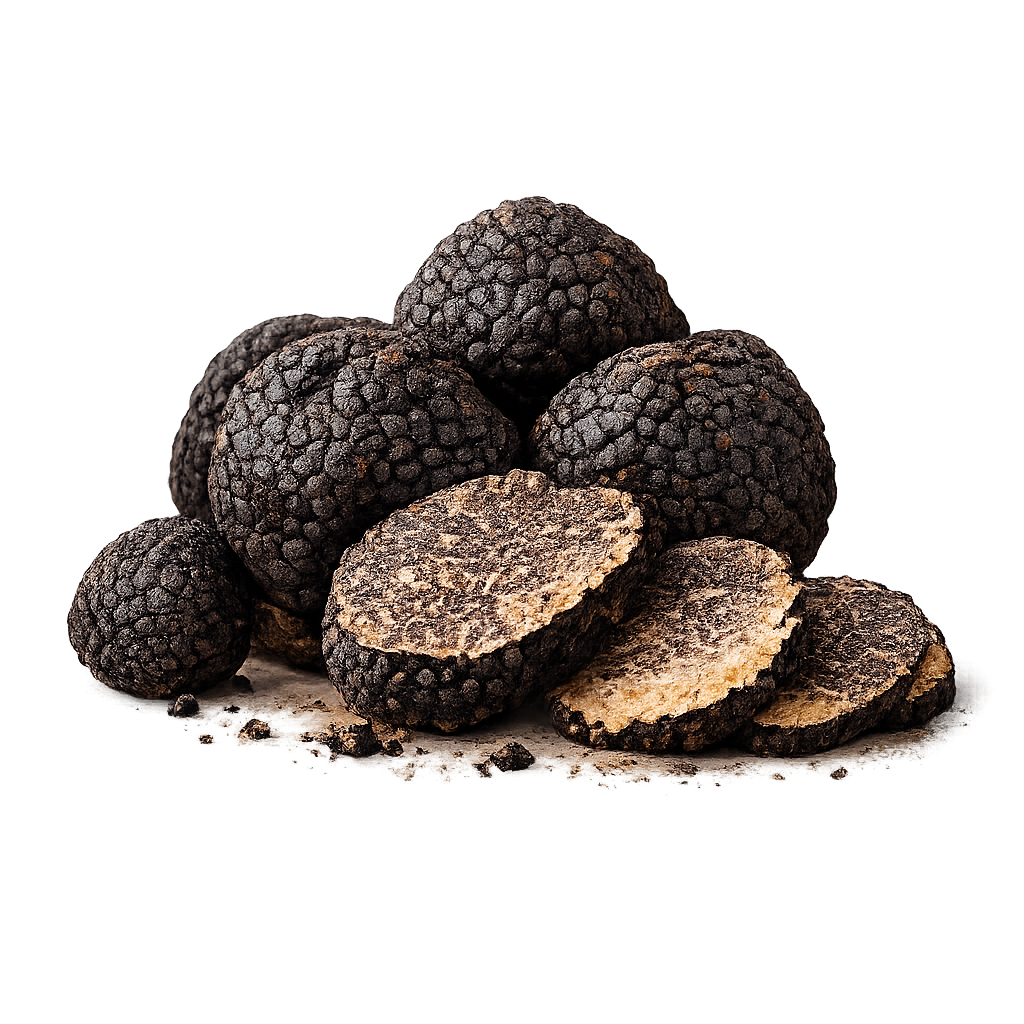 Un tas de truffes noires, avec plusieurs spécimens entiers et quelques fines tranches circulaires révélant un intérieur marbré.