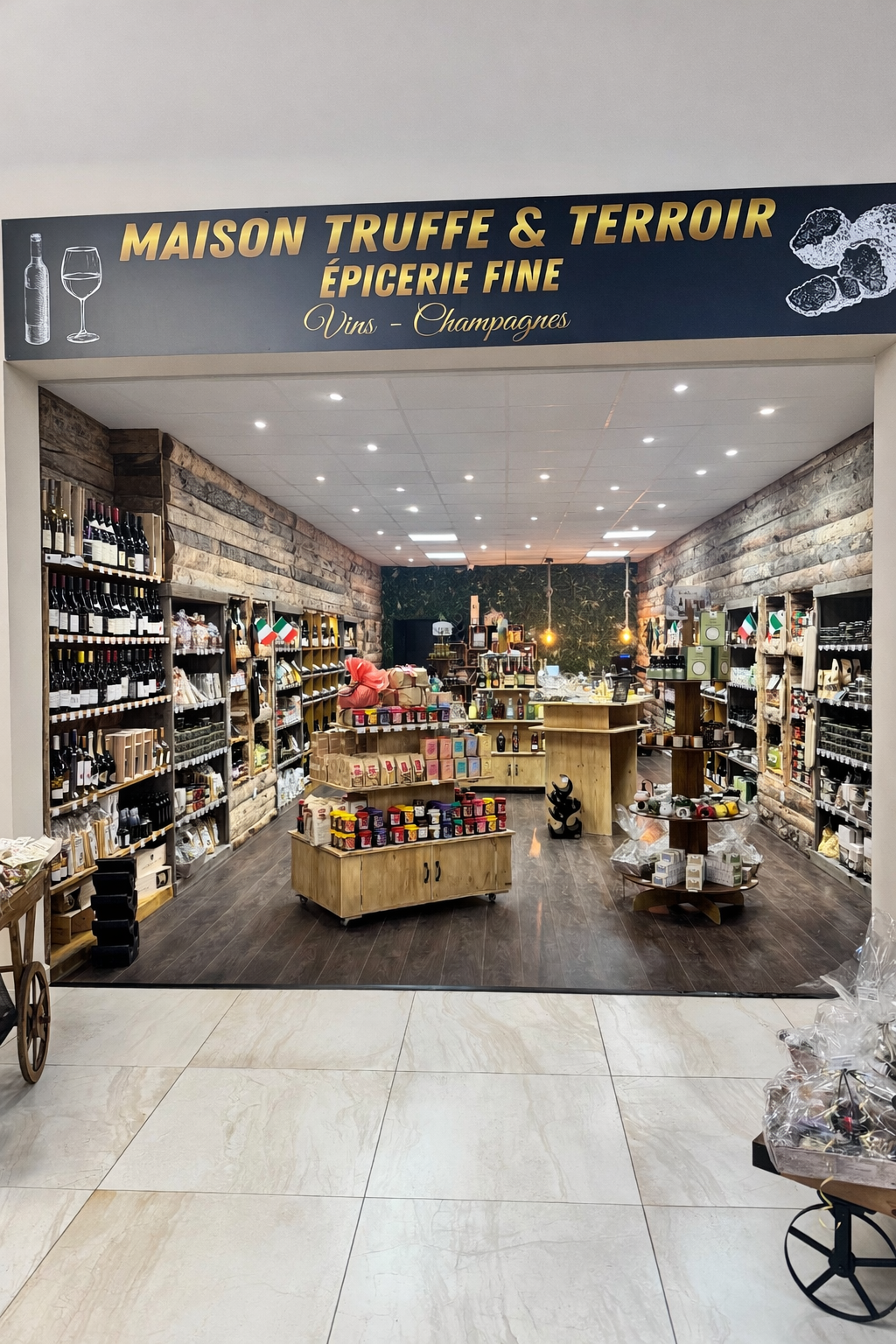 Une devanture de magasin intitulée « Maison Truffe & Terroir » présentant des rangées de bouteilles de vin et des produits d'épicerie fine sur des étagères en bois.
