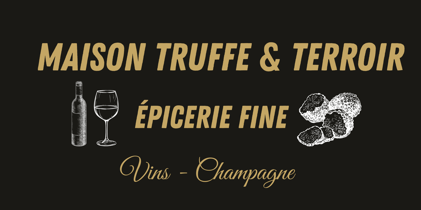 Logo de Maison Truffe & Terroir, une épicerie fine, représentant une bouteille de vin, un verre et des truffes sur fond noir.