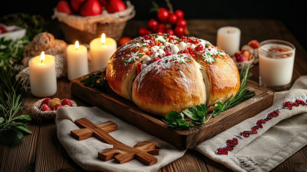 Pan trenzado sobre una mesa festiva con velas, frutos rojos y un adorno de hojaldre en forma de cruz