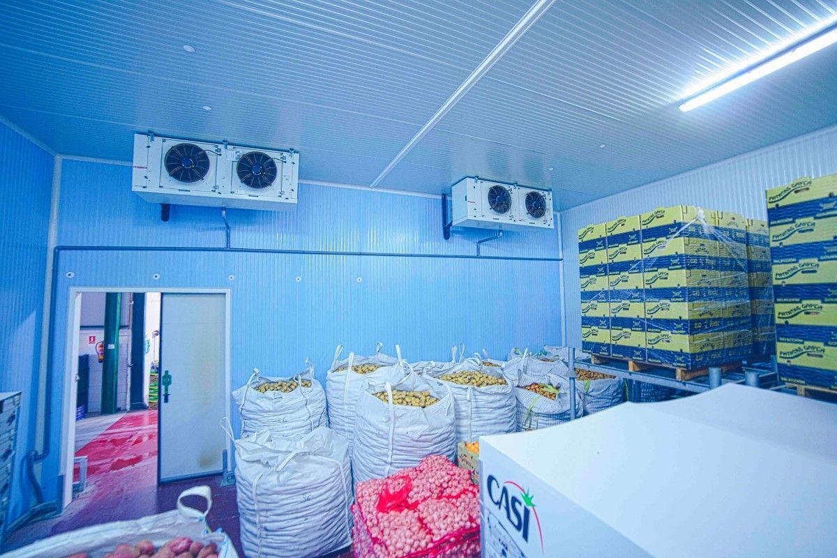 Cámara frigorífica industrial con cajas apiladas, sacos a granel de productos agrícolas y unidades de refrigeración montadas en el techo.