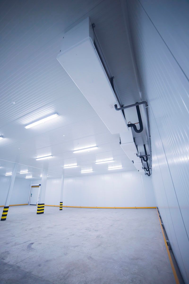 Un congelador industrial o almacén vacío con paredes blancas, luces en el techo y tuberías a lo largo de la pared lateral.