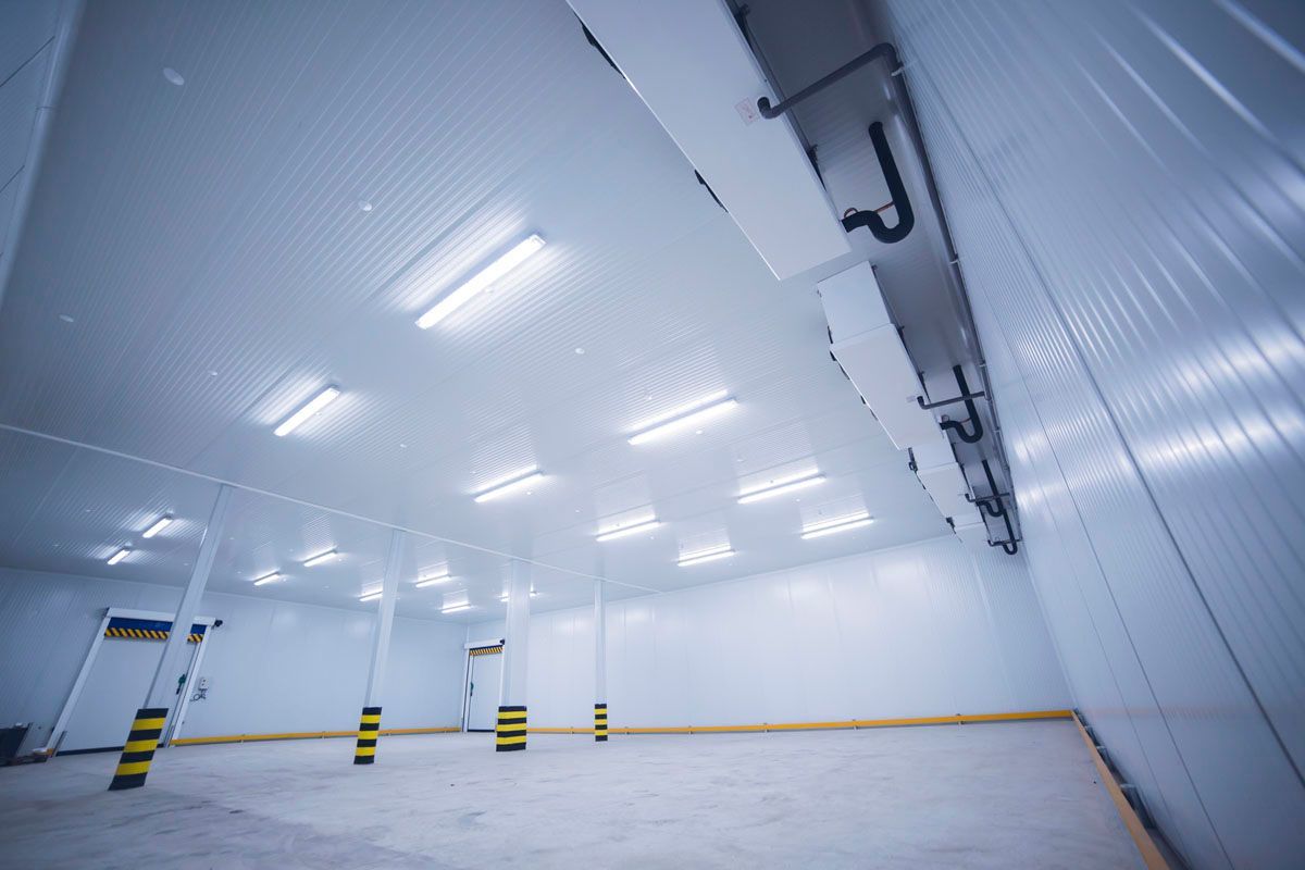 Una cámara frigorífica industrial vacía, con paredes revestidas de paneles blancos, iluminación fluorescente y pilares de seguridad amarillos y negros.