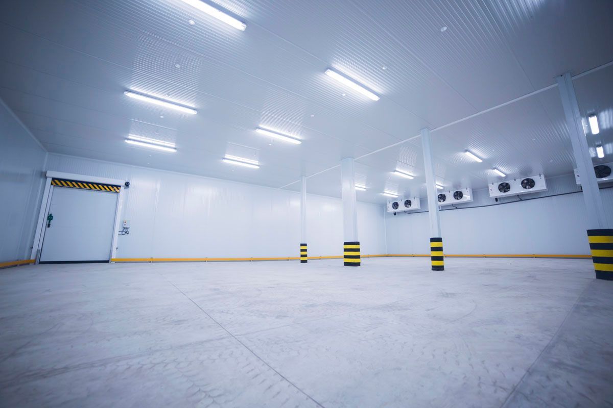 Una gran cámara frigorífica industrial vacía, con paredes blancas, luces en el techo y pilares de soporte con franjas de seguridad.