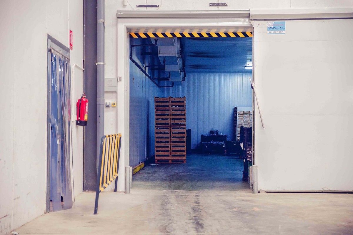 Una amplia puerta de estilo industrial da paso a una zona de almacenamiento de tonos fríos, con palets de madera apilados bajo luces de techo.