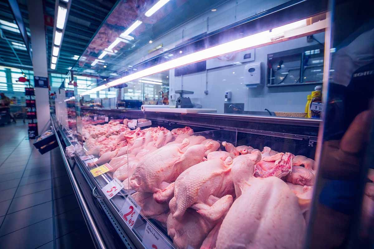 Pollos crudos enteros expuestos en una vitrina refrigerada dentro de un supermercado bien iluminado.