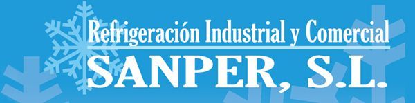 Logotipo de SANPER, SL Refrigeraci&oacute;n Industrial y Comercial con texto blanco y un icono de copo de nieve sobre fondo azul.
