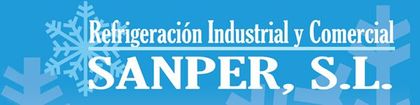 Logotipo de SANPER, SL Refrigeración Industrial y Comercial con texto blanco y un icono de copo de nieve sobre fondo azul.