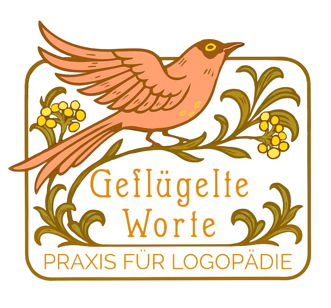 Logo: Pink bird with outstretched wings on floral branch;