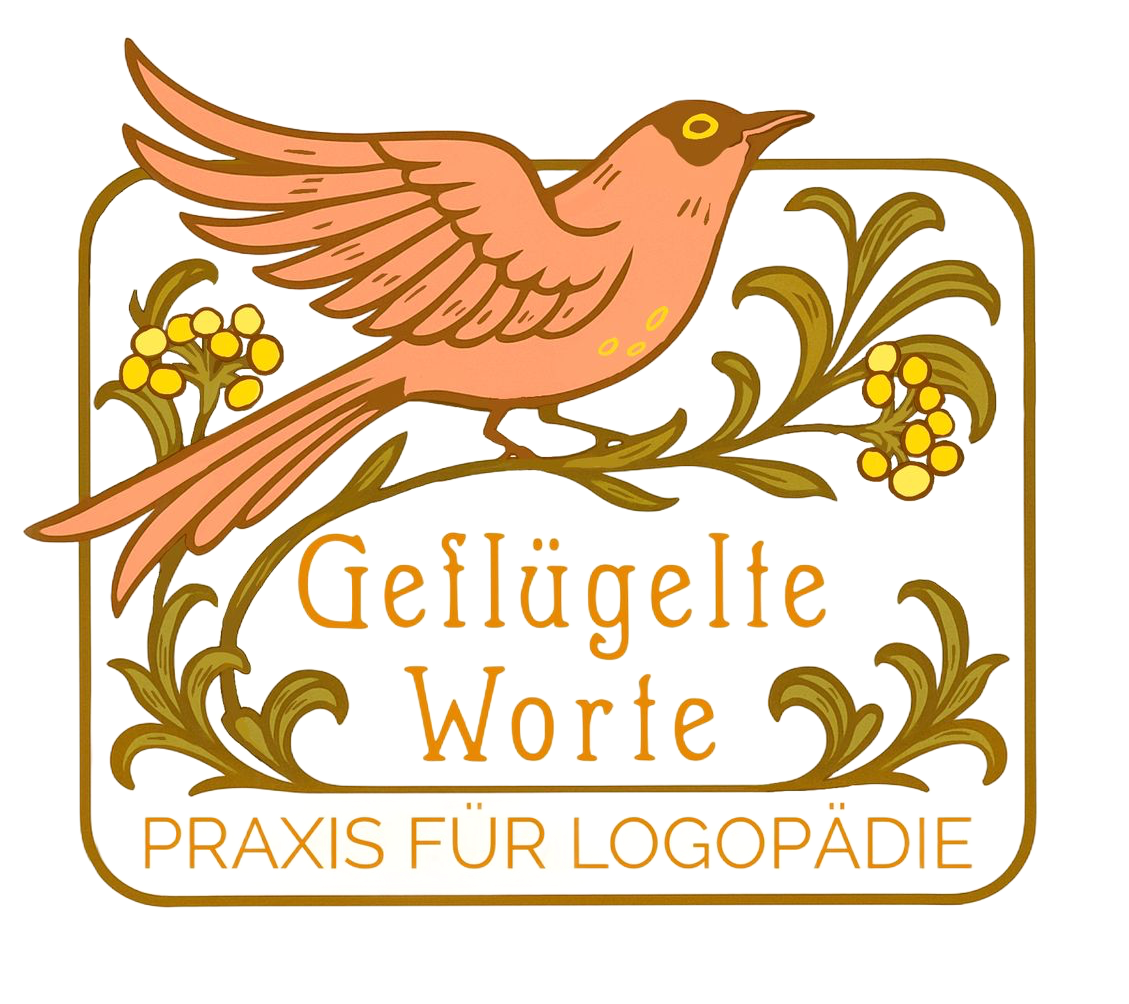 Logo: Pink bird with outstretched wings on floral branch;