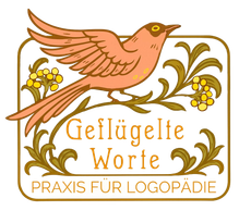 Logo: Pink bird with outstretched wings on floral branch; 