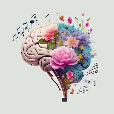 Un cerebro con flores y notas musicales saliendo de él.