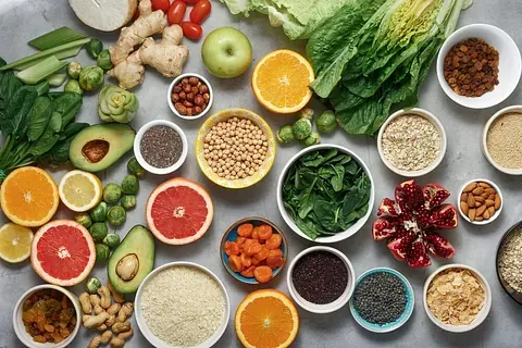 Hay muchos tipos diferentes de frutas y verduras en la mesa.