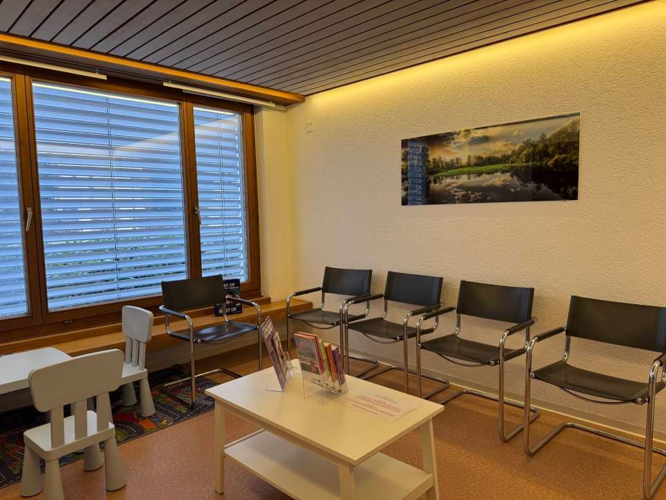 Wartezimmer mit einer Reihe schwarzer Stühle, einem weissen Tisch mit Broschüren, einem Kinderstuhl und einem Landschaftsbild an der Wand.