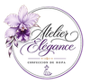 Logo de Atelier Elegance con flores moradas y texto de confección de ropa en un círculo violeta