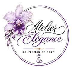 Logo de Atelier Elegance con flores moradas y texto de confección de ropa en un círculo violeta