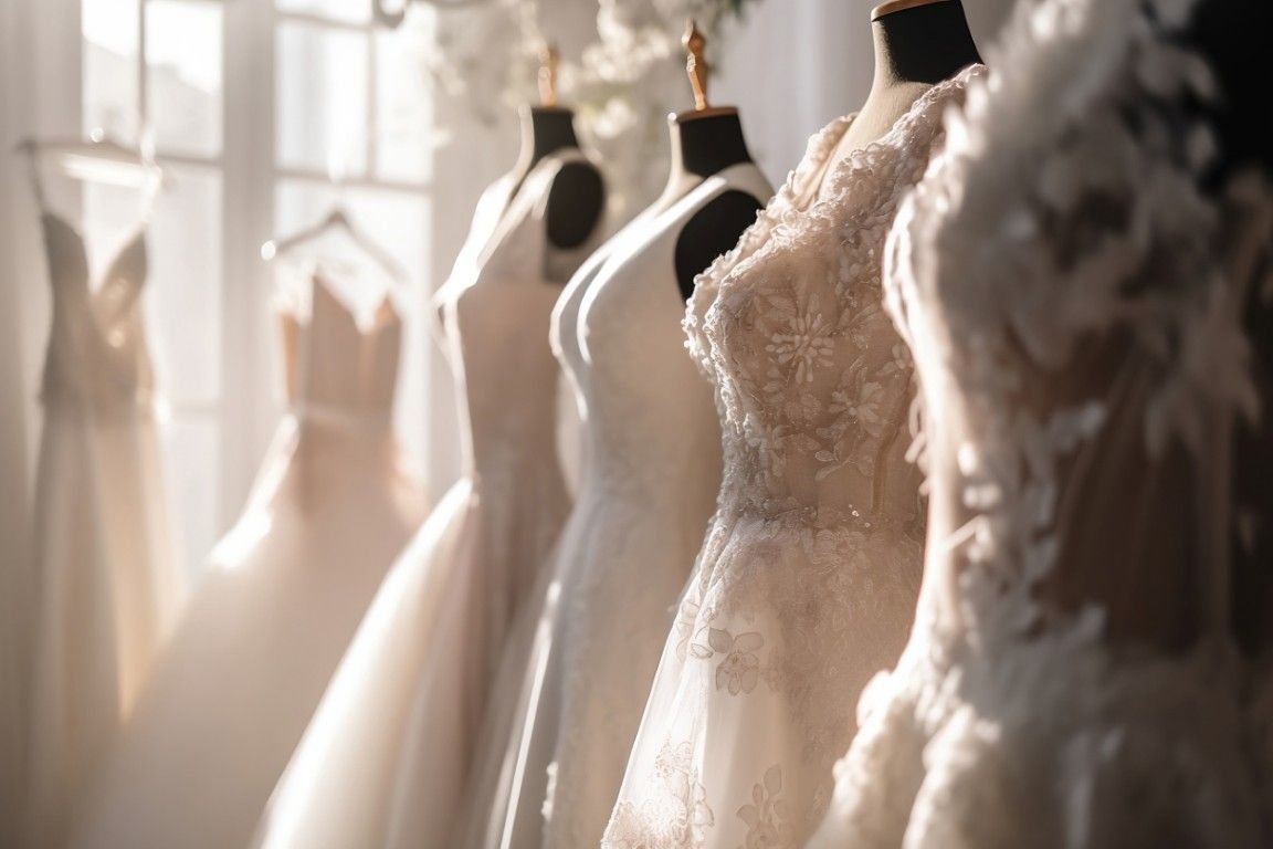 Una hilera de vestidos de novia blancos sobre maniquíes en una boutique con iluminación tenue.
