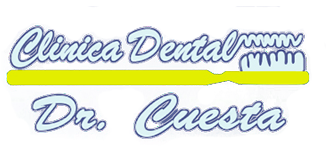 Logotipo de Clínica Dental Dr. Cuesta con letras cursivas azules, un subrayado amarillo y un icono de un diente