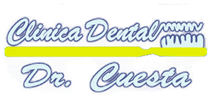Logotipo de Cl&iacute;nica Dental Dr. Cuesta con letras cursivas azules, un subrayado amarillo y un icono de un diente