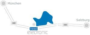 Abbildung des Standortes der Firma head electronic GmbH. Sie liegt zwischen München und Salzburg.