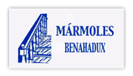 Logotipo para Mármoles Benahadux: Ilustración azul de una escalera con el nombre de la empresa en texto azul.