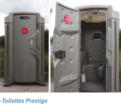 Des toilettes portatives avec le mot toilettes prestige en bas