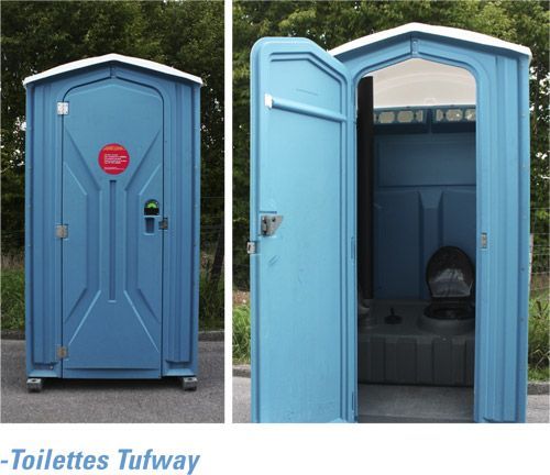 Des toilettes portables bleues avec les mots toilettes tufway en dessous