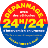 A red and blue circle that says depannage avec des vehicules 24h / 24 *