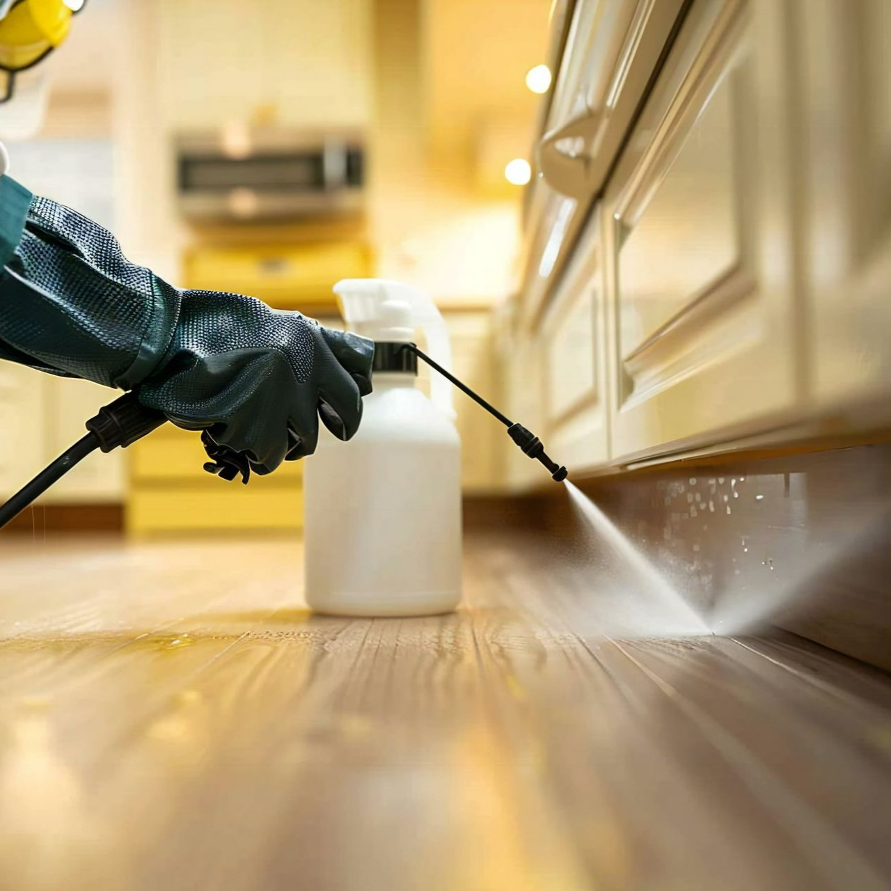 Une personne pulvérise de l'insecticide sous un meuble de cuisine, portant un équipement de protection.