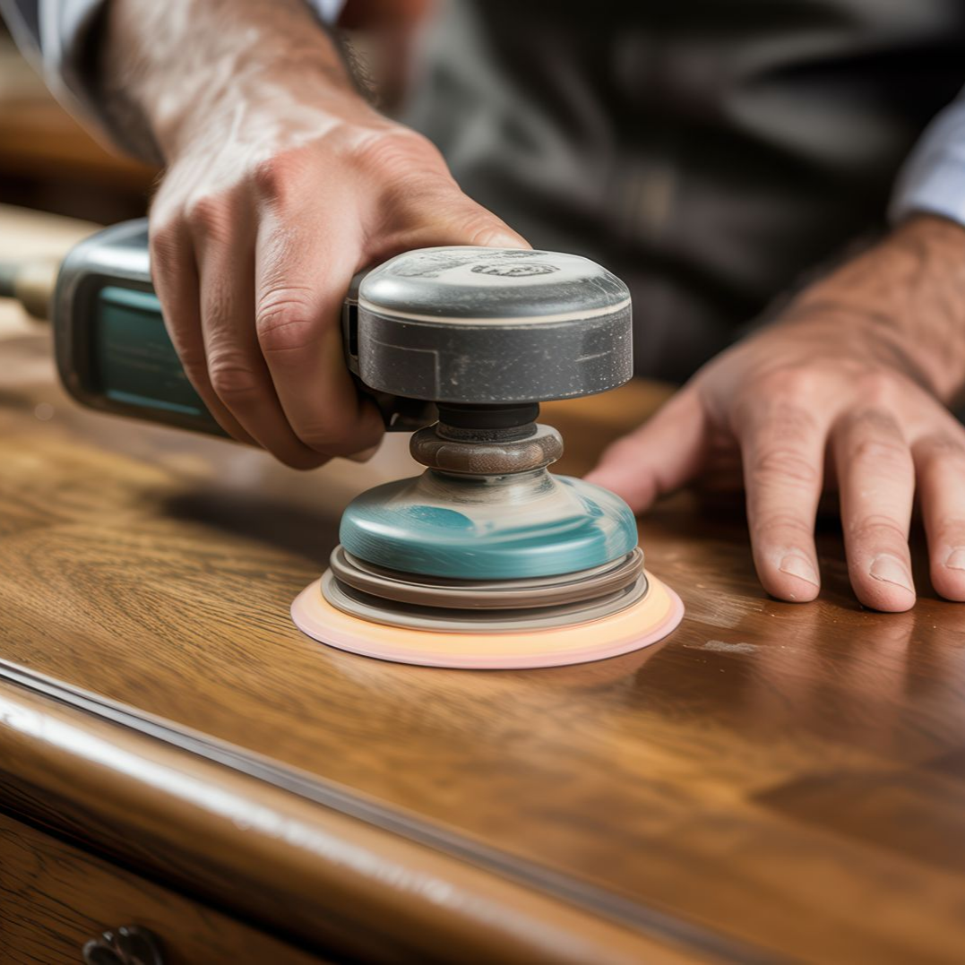 Personne ponçant une surface en bois avec une ponceuse électrique portative.
